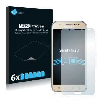 Vorderseite einer Produktverpackung mit dem Markenlogo Savvies. Daneben ist das Gerät Samsung Galaxy J7 2016 mit dem zugehörig