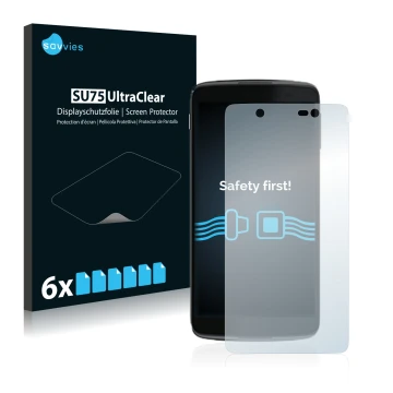 Vorderseite einer Produktverpackung mit dem Markenlogo Savvies. Daneben ist das Gerät Alcatel One Touch Idol 4 mit dem zugehör
