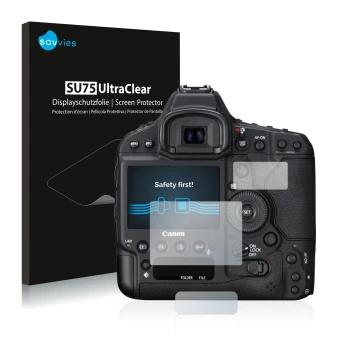 Vorderseite einer Produktverpackung mit dem Markenlogo Savvies. Daneben ist das Gerät Canon EOS 1D X Mark II mit dem zugehörig