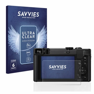 Vorderseite einer Produktverpackung mit dem Markenlogo Savvies. Daneben ist das Gerät Panasonic Lumix DMC-TZ80 mit dem zugehör