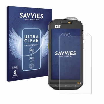Vorderseite einer Produktverpackung mit dem Markenlogo Savvies. Daneben ist das Gerät Caterpillar Cat S60 mit dem zugehörigen 