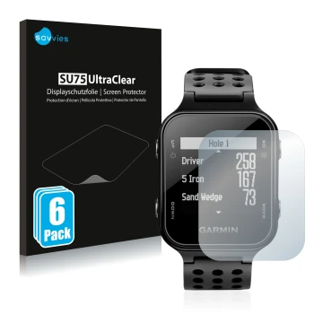 Vorderseite einer Produktverpackung mit dem Markenlogo Savvies. Daneben ist das Gerät Garmin Approach S20 mit dem zugehörigen 