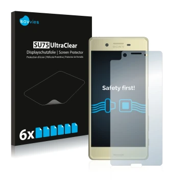 Vorderseite einer Produktverpackung mit dem Markenlogo Savvies. Daneben ist das Gerät Sony Xperia X mit dem zugehörigen Displa