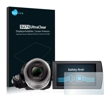 Vorderseite einer Produktverpackung mit dem Markenlogo Savvies. Daneben ist das Gerät Sony FDR-AX53 mit dem zugehörigen Displa