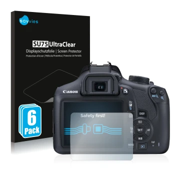 Vorderseite einer Produktverpackung mit dem Markenlogo Savvies. Daneben ist das Gerät Canon EOS 1300D mit dem zugehörigen Disp