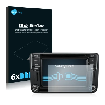 Vorderseite einer Produktverpackung mit dem Markenlogo Savvies. Daneben ist das Gerät Volkswagen T6 2016 Discover Media Plus 2