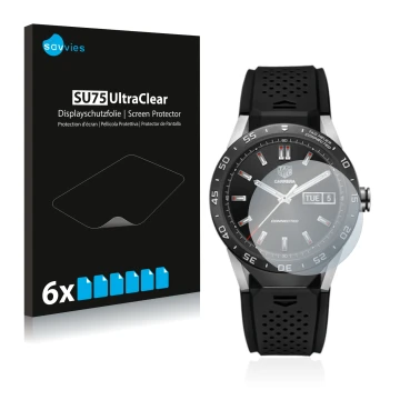 Vorderseite einer Produktverpackung mit dem Markenlogo Savvies. Daneben ist das Gerät TAG Heuer Connected 46 mit dem zugehörig