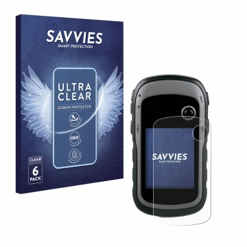 Vorderseite einer Produktverpackung mit dem Markenlogo Savvies. Daneben ist das Gerät Garmin eTrex 30x mit dem zugehörigen Dis