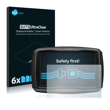 Vorderseite einer Produktverpackung mit dem Markenlogo Savvies. Daneben ist das Gerät Garmin zumo 595LM mit dem zugehörigen Di