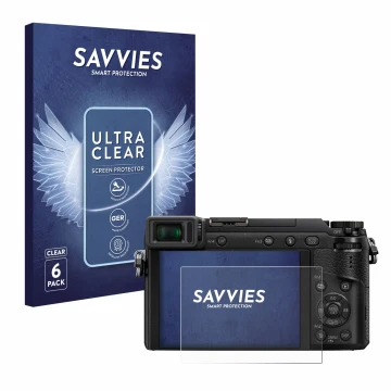 Vorderseite einer Produktverpackung mit dem Markenlogo Savvies. Daneben ist das Gerät Panasonic Lumix DMC-GX80 mit dem zugehör