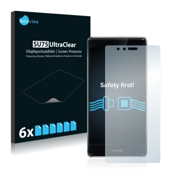 Vorderseite einer Produktverpackung mit dem Markenlogo Savvies. Daneben ist das Gerät Huawei P9 Plus mit dem zugehörigen Displ