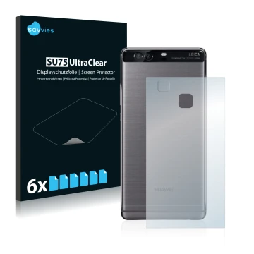 Vorderseite einer Produktverpackung mit dem Markenlogo Savvies. Daneben ist das Gerät Huawei P9 Plus (Rückseite) mit dem zugeh