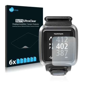 Vorderseite einer Produktverpackung mit dem Markenlogo Savvies. Daneben ist das Gerät TomTom Golfer 2 mit dem zugehörigen Disp