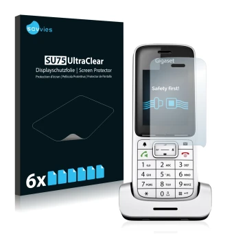 Vorderseite einer Produktverpackung mit dem Markenlogo Savvies. Daneben ist das Gerät Gigaset SL450HX mit dem zugehörigen Disp