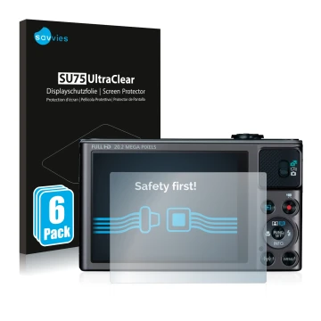 Vorderseite einer Produktverpackung mit dem Markenlogo Savvies. Daneben ist das Gerät Canon PowerShot SX620 HS mit dem zugehör