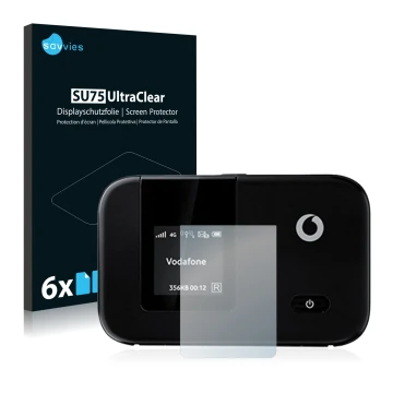 Vorderseite einer Produktverpackung mit dem Markenlogo Savvies. Daneben ist das Gerät Vodafone R215 WLAN Router mit dem zugehö