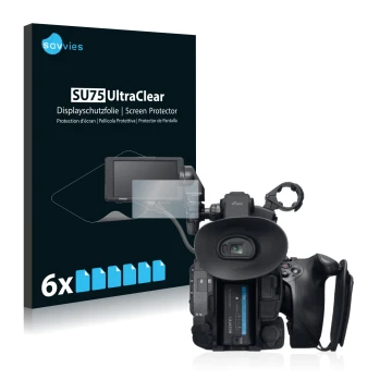 Vorderseite einer Produktverpackung mit dem Markenlogo Savvies. Daneben ist das Gerät Sony PXW-FS5 mit dem zugehörigen Display