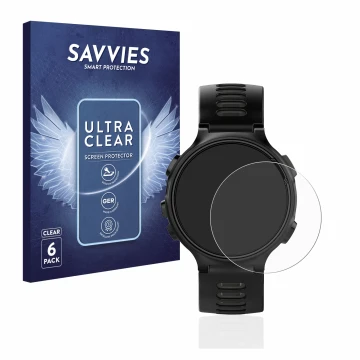 Vorderseite einer Produktverpackung mit dem Markenlogo Savvies. Daneben ist das Gerät Garmin Forerunner 735XT mit dem zugehöri