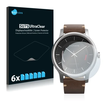 Vorderseite einer Produktverpackung mit dem Markenlogo Savvies. Daneben ist das Gerät Garmin vivomove mit dem zugehörigen Disp