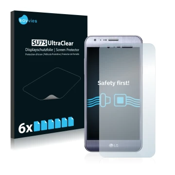 Vorderseite einer Produktverpackung mit dem Markenlogo Savvies. Daneben ist das Gerät LG X Mach mit dem zugehörigen Displaysch