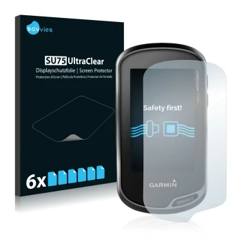 Vorderseite einer Produktverpackung mit dem Markenlogo Savvies. Daneben ist das Gerät Garmin Oregon 750t mit dem zugehörigen D