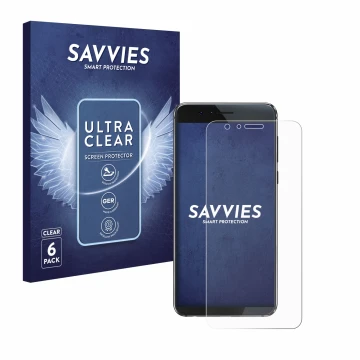 Vorderseite einer Produktverpackung mit dem Markenlogo Savvies. Daneben ist das Gerät Honor 8 mit dem zugehörigen Displayschut
