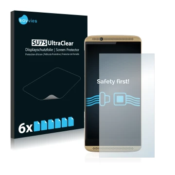 Vorderseite einer Produktverpackung mit dem Markenlogo Savvies. Daneben ist das Gerät ZTE Axon 7 mit dem zugehörigen Displaysc