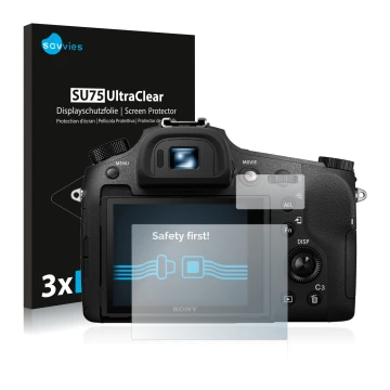 Vorderseite einer Produktverpackung mit dem Markenlogo Savvies. Daneben ist das Gerät Sony Cyber-Shot DSC-RX10 III mit dem zug