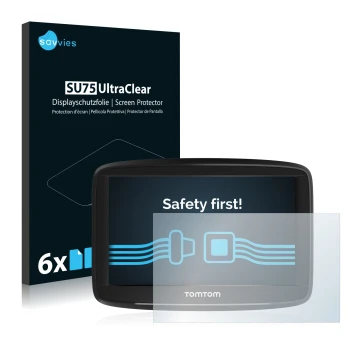 Vorderseite einer Produktverpackung mit dem Markenlogo Savvies. Daneben ist das Gerät TomTom Start 52 mit dem zugehörigen Disp