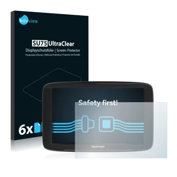 Vorderseite einer Produktverpackung mit dem Markenlogo Savvies. Daneben ist das Gerät TomTom Start 62 mit dem zugehörigen Disp