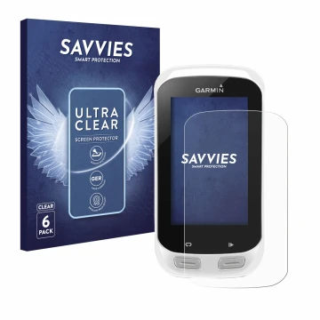 Vorderseite einer Produktverpackung mit dem Markenlogo Savvies. Daneben ist das Gerät Garmin Edge Explore 1000 mit dem zugehör