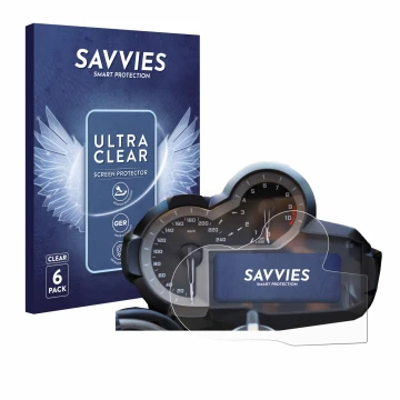 Vorderseite einer Produktverpackung mit dem Markenlogo Savvies. Daneben ist das Gerät BMW R 1200 GS K50 2013-2018 Tachoanzeige