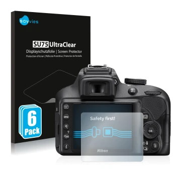 Vorderseite einer Produktverpackung mit dem Markenlogo Savvies. Daneben ist das Gerät Nikon D3400 mit dem zugehörigen Displays