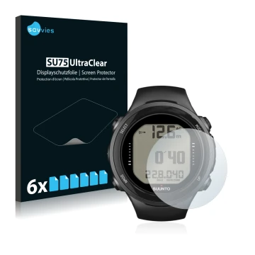 Vorderseite einer Produktverpackung mit dem Markenlogo Savvies. Daneben ist das Gerät Suunto D4i Novo mit dem zugehörigen Disp