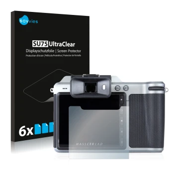 Vorderseite einer Produktverpackung mit dem Markenlogo Savvies. Daneben ist das Gerät Hasselblad X1D-50c mit dem zugehörigen D