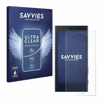 Vorderseite einer Produktverpackung mit dem Markenlogo Savvies. Daneben ist das Gerät Sony Xperia X Compact mit dem zugehörige