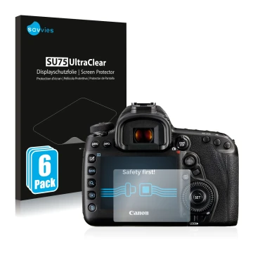 Vorderseite einer Produktverpackung mit dem Markenlogo Savvies. Daneben ist das Gerät Canon EOS 5D Mark IV mit dem zugehörigen
