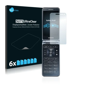 Vorderseite einer Produktverpackung mit dem Markenlogo Savvies. Daneben ist das Gerät Samsung Galaxy Folder 2 mit dem zugehöri