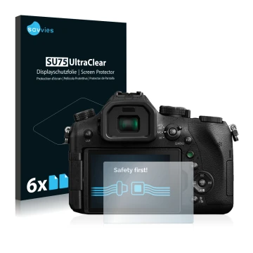 Vorderseite einer Produktverpackung mit dem Markenlogo Savvies. Daneben ist das Gerät Panasonic Lumix DMC-FZ2000 mit dem zugeh