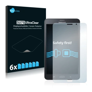 Vorderseite einer Produktverpackung mit dem Markenlogo Savvies. Daneben ist das Gerät Samsung Galaxy Tab A6 7.0 4G mit dem zug