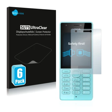 Vorderseite einer Produktverpackung mit dem Markenlogo Savvies. Daneben ist das Gerät Nokia 216 mit dem zugehörigen Displaysch