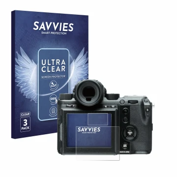 Vorderseite einer Produktverpackung mit dem Markenlogo Savvies. Daneben ist das Gerät Fujifilm GFX50S mit dem zugehörigen Disp