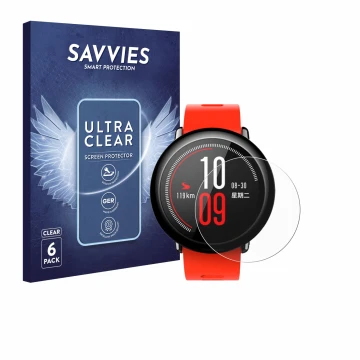 Vorderseite einer Produktverpackung mit dem Markenlogo Savvies. Daneben ist das Gerät Huami Amazfit Pace mit dem zugehörigen D
