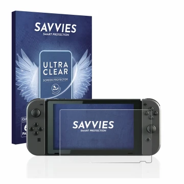 Vorderseite einer Produktverpackung mit dem Markenlogo Savvies. Daneben ist das Gerät Nintendo Switch mit dem zugehörigen Disp