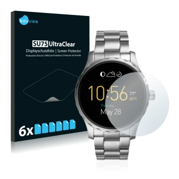 Vorderseite einer Produktverpackung mit dem Markenlogo Savvies. Daneben ist das Gerät Fossil Q Marshal (2.Gen) mit dem zugehör