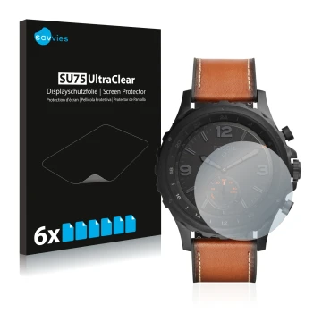 Vorderseite einer Produktverpackung mit dem Markenlogo Savvies. Daneben ist das Gerät Fossil Q Nate mit dem zugehörigen Displa