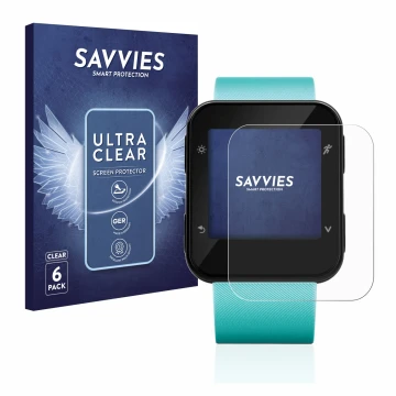 Vorderseite einer Produktverpackung mit dem Markenlogo Savvies. Daneben ist das Gerät Garmin Forerunner 35 mit dem zugehörigen