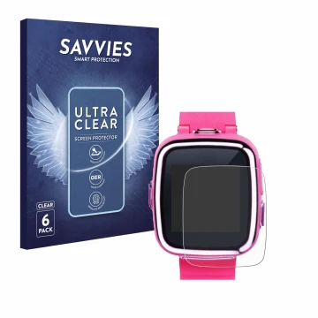 Vorderseite einer Produktverpackung mit dem Markenlogo Savvies. Daneben ist das Gerät Vtech Kidizoom Smart Watch 2 mit dem zug