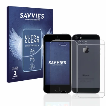 Vorderseite einer Produktverpackung mit dem Markenlogo Savvies. Daneben ist das Gerät Apple iPhone 5S (Display+Rückseite) mit 