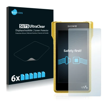 Vorderseite einer Produktverpackung mit dem Markenlogo Savvies. Daneben ist das Gerät Sony Walkman NW-WM1A mit dem zugehörigen